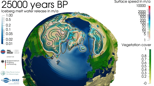 Animated image of a globe, with the view focused on the northern hemisphere. The color of the ocean changes between white, light blue and dark blue, indicating iceberg meltwater release. Lines are shown on the continents, indicating the sinking of the earth's crust. The color of the continents varies from yellow to dark green, indicating the vegetation cover. Another shading from white to red over the continents shows the speed of the ice sheets.