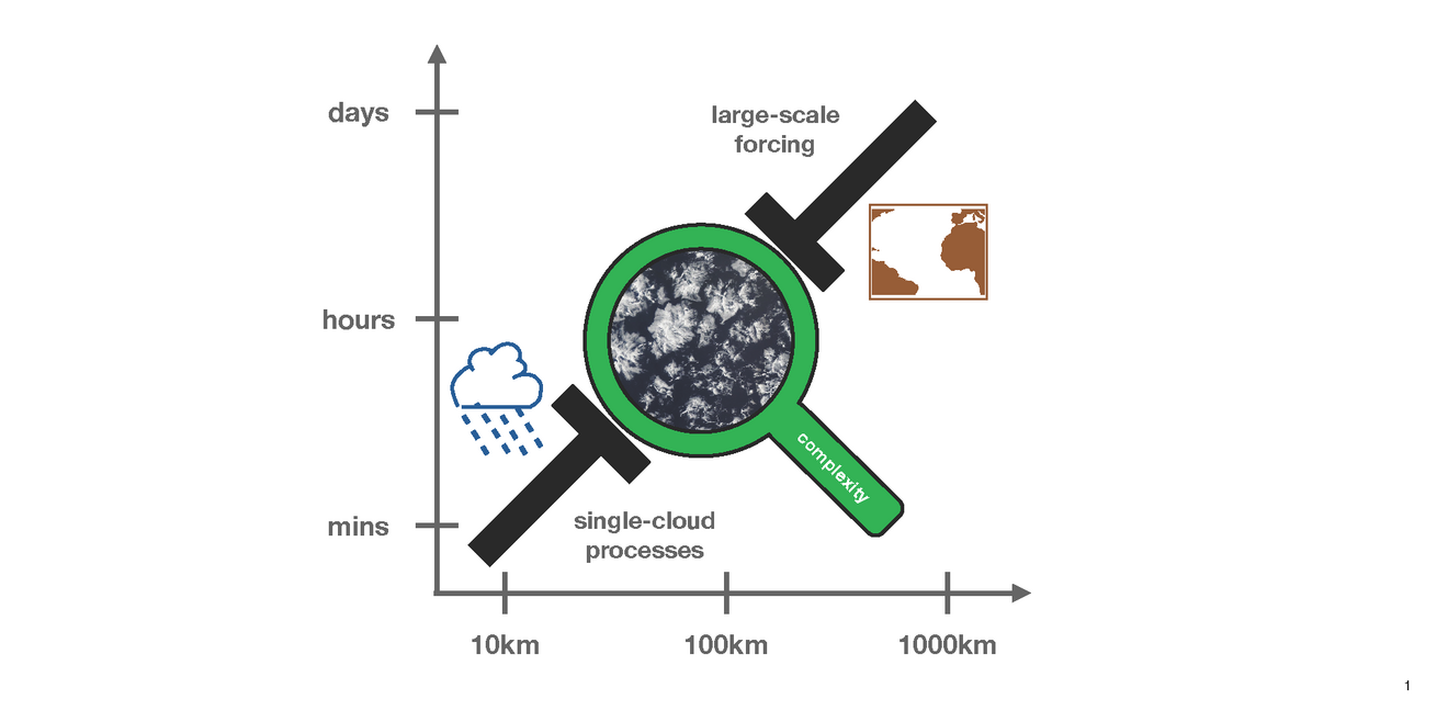 Schematische Darstellung mit Satellitenbild unter einer Lupe, die zeigt, dass sich Wolken in auffälligen Mustern organisieren.