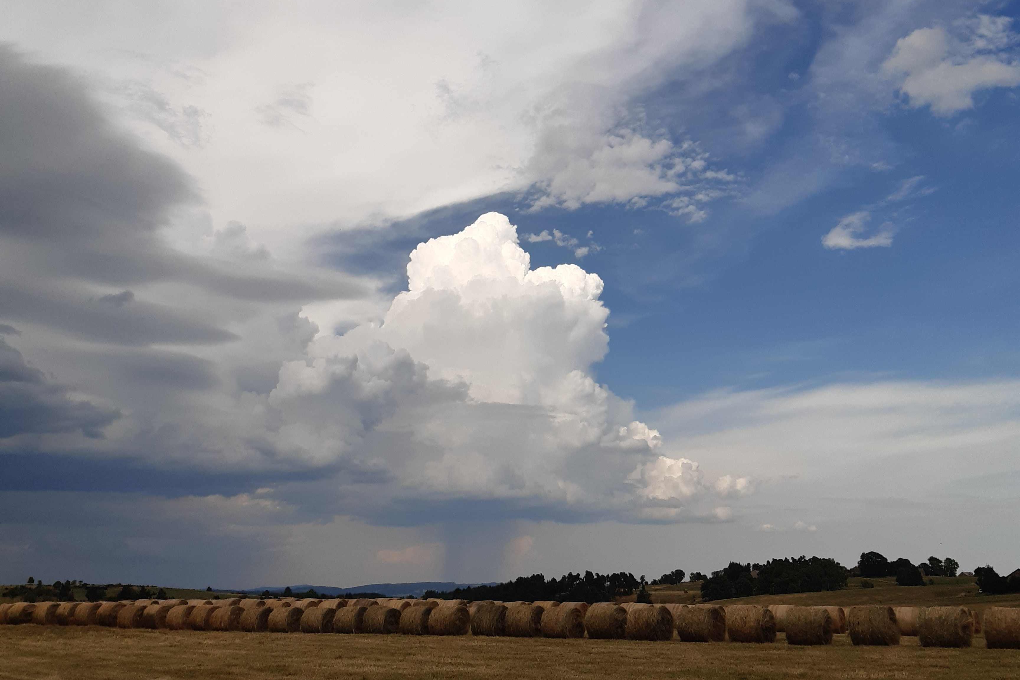 Regenwolke über einem abgeernteten Getreidefeld