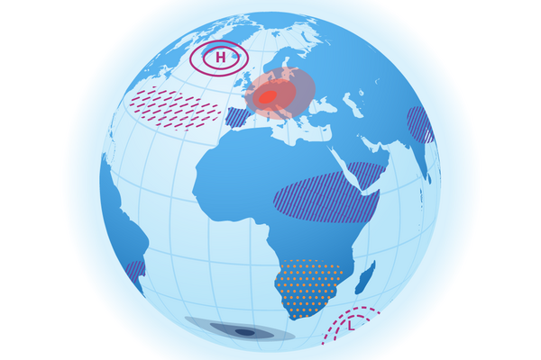 Grafik eines Globus, auf dem Afrika und Europa zu sehen sind. Verschiedene Stellen sind farblich und mir Schraffierungen markiert.